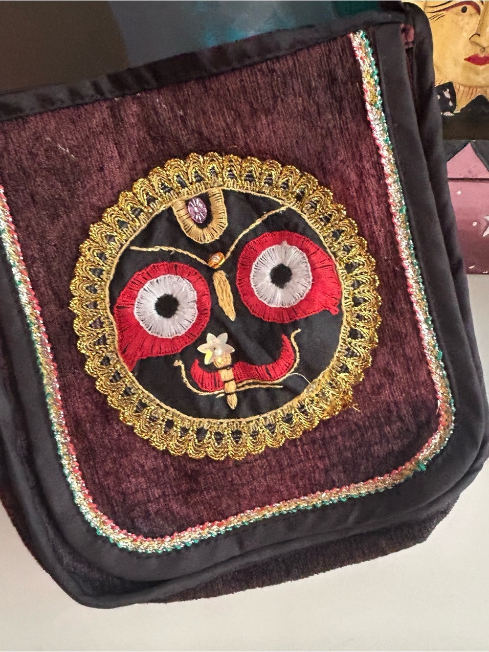 Boho Embroidered Jagannath Face Velvet Crossbody Shoulder Bag